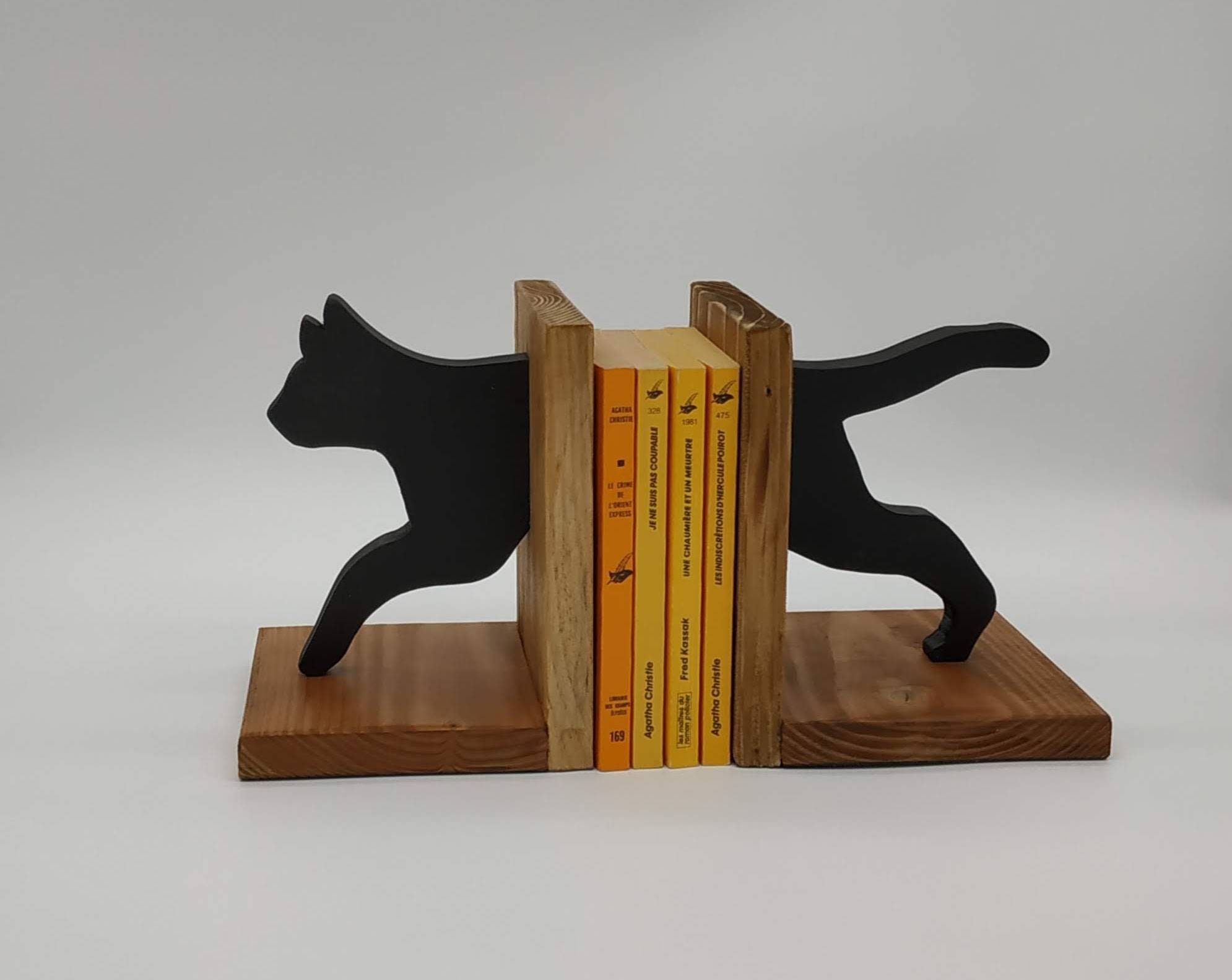 Serre Livres en Bois Chat Noir | Paire, 2 Parties, Recyclé