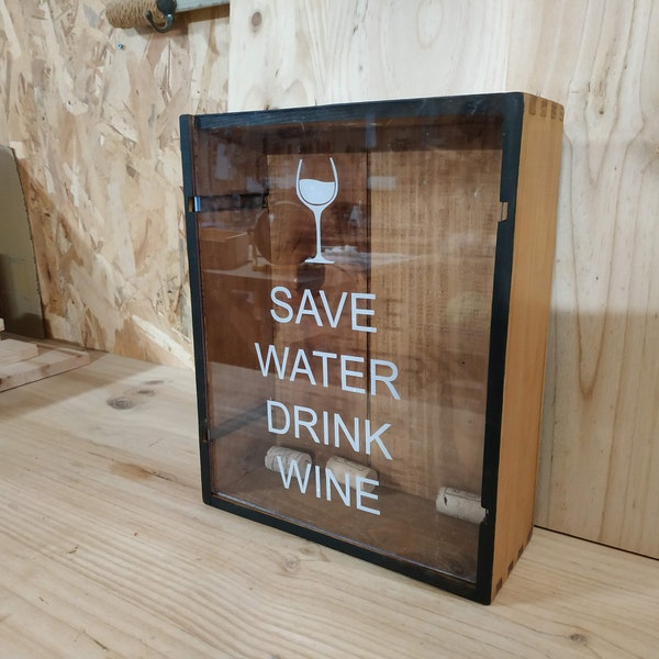 Cave à bouchons de vin caisse bois Save Water Drink Wine recyclage de bouchons