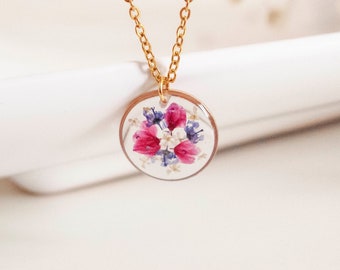 Pink and blue dried flower necklace – 15mm pendant – Mother's Day gift – Botanical jewelry in stainless steel – Minimalist necklace