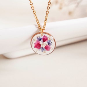 15mm Round Resin Pendant with Real Dried Pink and Blue Flowers - Handmade Boho Chic Necklace - Nature Gift for Women