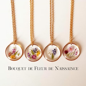 Personalized Birth Flower Bouquet Necklace, Personalized Pressed Resin, Birth Month Pendant.