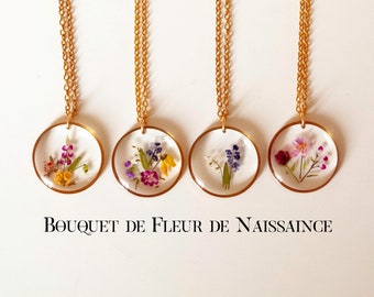 Collier personnalisé de bouquet de fleurs de naissance, résine pressée personnalisée, Pendentif du mois de naissance.