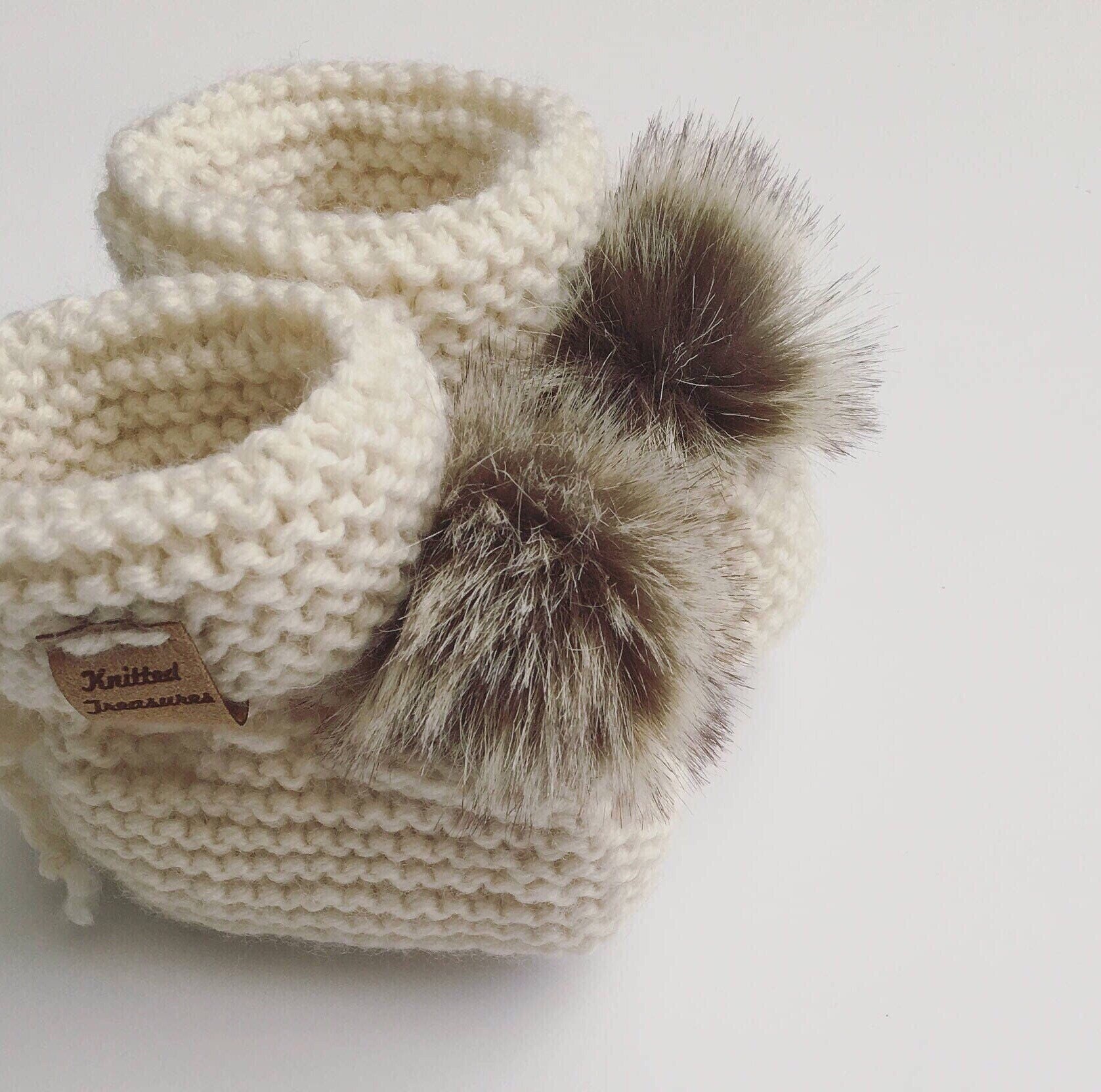 Handmade Wool Baby Booties: Hand Knitted Newborn-9 Months old Socks with Pom Poms baby shower gift or Announcment outfit