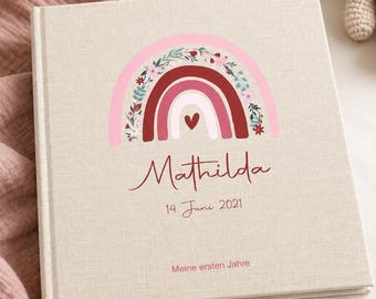 Personalized photo album for baby and child, "Rainbow Flowers" linen, memory album