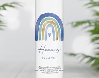 Baptism candle personalized with name, date and baptismal saying "Rainbow watercolor blue", boy/girl