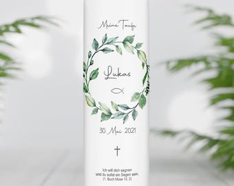 Baptismal candle personalized with name, date and baptismal saying "Leaf wreath", boy/girl