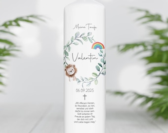 May include: A white baptism candle with a lit flame. The candle features the text "Meine Taufe" and "Valentin" with a wreath design, a rainbow, and a lion illustration. The date "06.09.2025" is also printed on the candle.