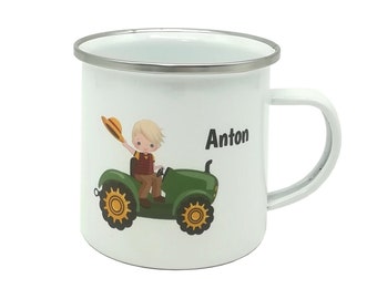 Tasse mit Namen personalisiert Motiv "Traktor/Junge" / Kindertasse / Emaille