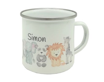 Tasse mit Namen personalisiert Motiv "Zootiere" / Kindertasse / Emaille