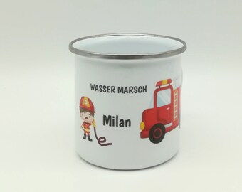 Tasse mit Namen personalisiert Motiv "Feuerwehr" / Kindertasse / Emaille