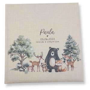 Fotoalbum personalisiert Baby, Kind "Süße Waldtiere" Leinen, Erinnerungsalbum, Fotoalbum Geschenk zur Geburt, hochwertiges Fotoalbum,