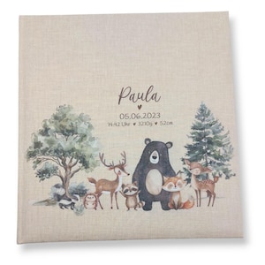 Personalized photo album for baby/child, "Cute Woodland Animals" linen cover, memory album, photo album gift for newborns, high-quality photo album image 1