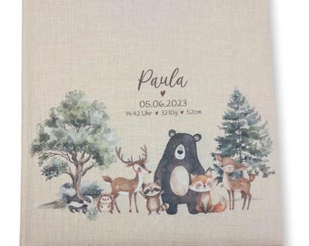 Personalized photo album for baby/child, "Cute Woodland Animals" linen cover, memory album, photo album gift for newborns, high-quality photo album