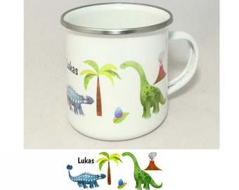 Tasse mit Namen personalisiert Motiv "Dino" / Kindertasse / Emaille