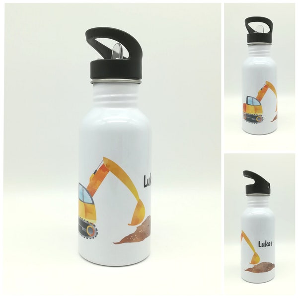 Trinkflasche mit Namen "Bagger"/ Kindergarten/ Schule/ Sport/ 500ml mit Strohhalm