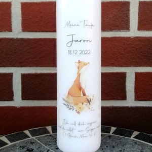 Baptism candle personalized with name, date and baptism motto "Fox", boy/girl