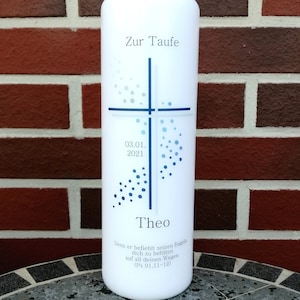 Baptismal candle personalized with name, date and baptismal motto "cross/dots blue gray", boy/girl