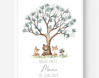 Imprimir archivo huella libro de firmas "Árbol Bosque Animales" huella digital, libro de firmas imprimir archivo, libro de firmas comunión digital, idea regalo bautizo