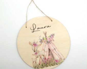 Türschild Kinderzimmer "Boho Rehe" personalisiert  mit Namen aus Holz/ Kinderzimmer/ Spielzimmer/