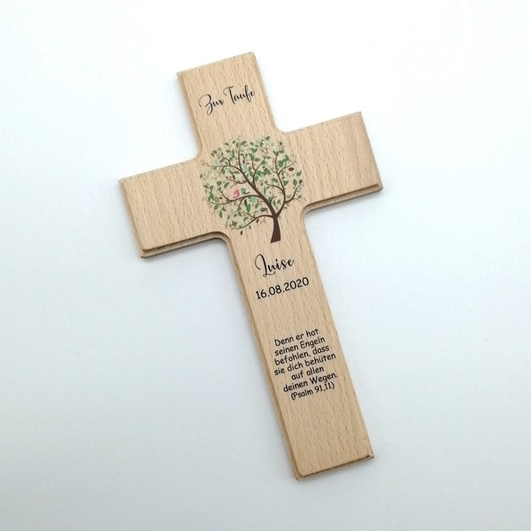 Taufkreuz / Kinderkreuz personalisiert "Baum Vogel grün" Wandkreuz aus Holz