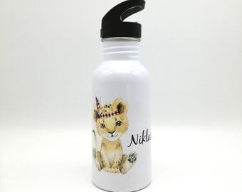 Trinkflasche mit Namen "Boho Löwe"/ Kindergarten/ Schule/ Sport/ 500ml mit Strohhalm