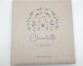 Personalized baby/child photo album "Floral Arch" linen, memory album, rainbow photo album, girl, photo album for birth/christening