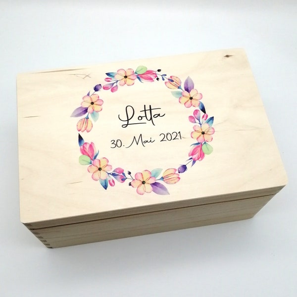 Baby memory box with name "Flower wreath" date of birth memory box for children