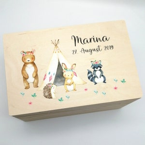 Baby memory box with name "Boho Forest Animals" date of birth memory box for children