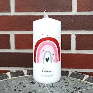 Geburtstagskerze/ Geburtskerze personalisiert mit Namen und Geburtsdatum &quot; Regenbogen rot/rosa&quot; / Geburt/ Taufe/ Geburtstag