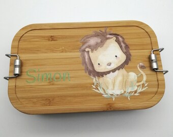 Lunch box personalized made of stainless steel with bamboo lid "Lion", divider, lunch box