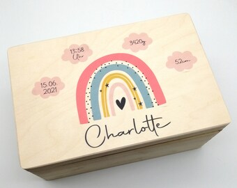 Baby memory box with name "Rainbow pink clouds" Birth date memory box for children