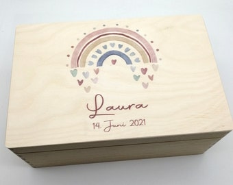 Baby memory box with name "Rainbow Hearts" date of birth memory box for children