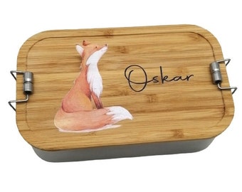 Personalized stainless steel lunchbox with bamboo lid "Fox", divider, lunch box