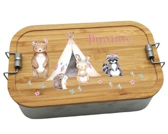 Brotdose personalisiert aus Edelstahl mit Bambus Deckel "Boho Waldtiere", Trennsteg, Lunchbox