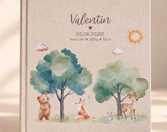 Personalized baby/child photo album "Woodland Animals" linen, memory album, rainbow photo album, girl, photo album for birth/christening