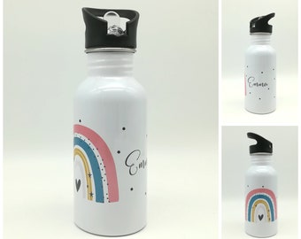 May include: White stainless steel water bottle with a black lid and a rainbow design. The bottle has a black heart and the name "Emma" written on it.