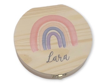 Milchzahndose personalisiert "Regenbogen peach" / Milchzahnbox aus Holz