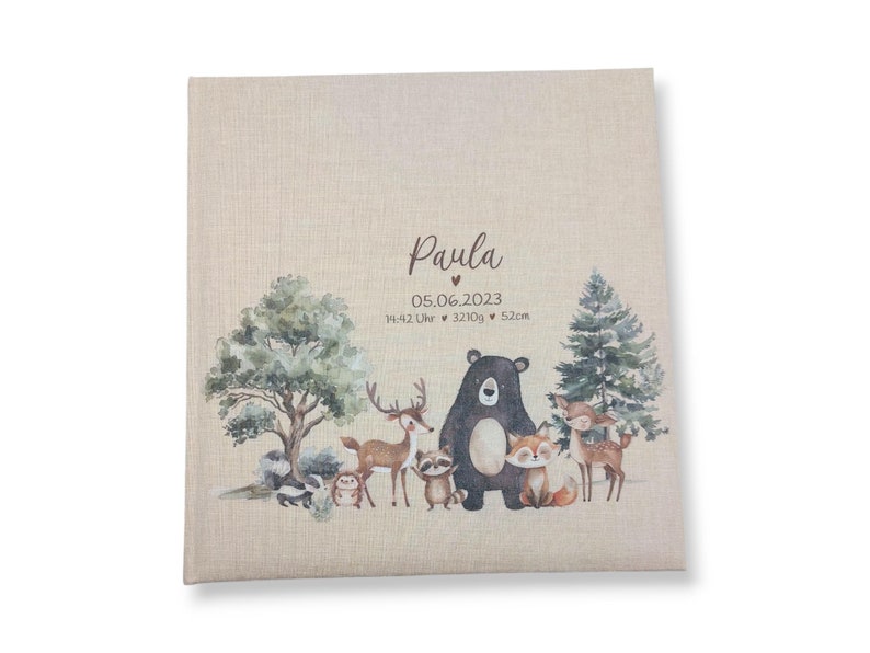 Personalized photo album for baby/child, "Cute Woodland Animals" linen cover, memory album, photo album gift for newborns, high-quality photo album image 1
