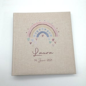 Fotoalbum personalisiert Baby, Kind "Regenbogen Herzen" Leinen, Erinnerungsalbum, Fotoalbum Geschenk zur Geburt, Fotoalbum Geburt Taufe