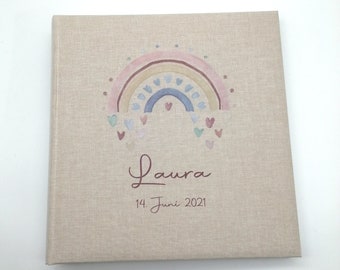 Personalized baby/child photo album "Rainbow Hearts" linen, memory album, photo album gift for birth, photo album for birth/christening