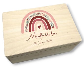Baby keepsake box with name "Rainbow Flowers" and date of birth, keepsake box for girls, christening gift, personalized gift