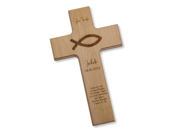 Taufkreuz / Kinderkreuz personalisiert "Fisch 2" Wandkreuz aus Holz