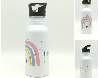 May include: White water bottle with a black lid and a rainbow design in pink, yellow, and blue. The name "Malin" is printed in black script. Black dots are scattered around the bottle.