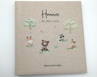 Photo album personalized baby, child "Forest animals" linen, memory album