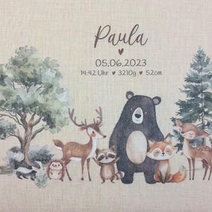 May include: A personalized baby announcement with a woodland theme. The announcement features a brown bear, a deer, a raccoon, a hedgehog, a fox, and a skunk. The text reads "Paula 05.06.2023 14:42 Uhr 3210g 52cm".
