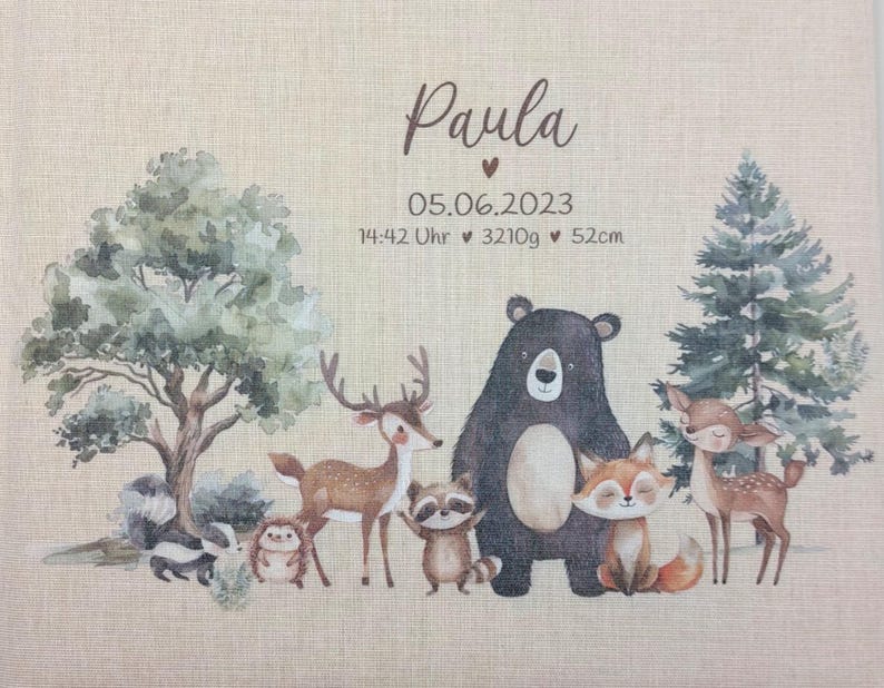 May include: A personalized baby announcement with a woodland theme. The announcement features a brown bear, a deer, a raccoon, a hedgehog, a fox, and a skunk. The text reads "Paula 05.06.2023 14:42 Uhr 3210g 52cm".