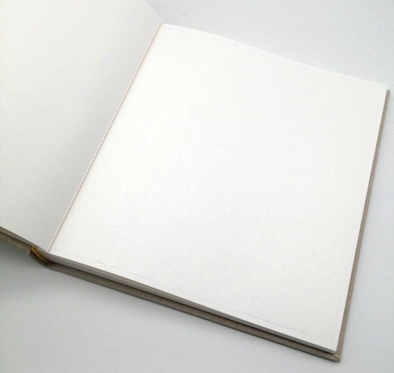May include: An open blank book with a beige cover and white pages.