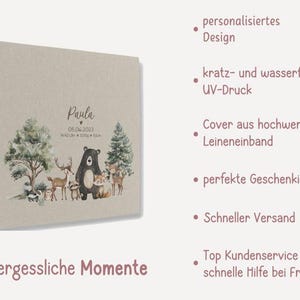 Personalized photo album for baby/child, "Cute Woodland Animals" linen cover, memory album, photo album gift for newborns, high-quality photo album image 2