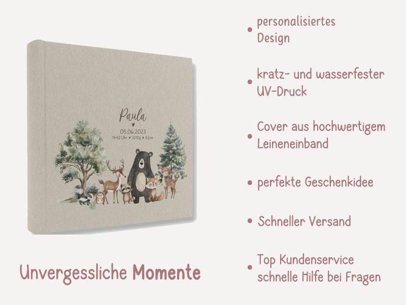 Personalized photo album for baby/child, "Cute Woodland Animals" linen cover, memory album, photo album gift for newborns, high-quality photo album image 2