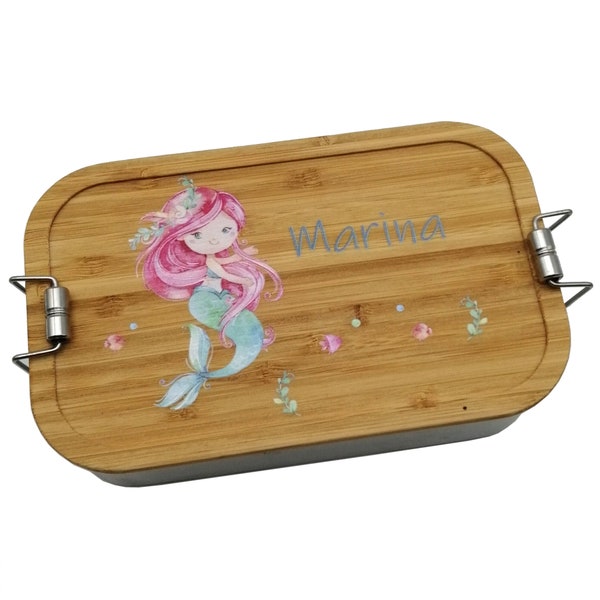 Brotdose personalisiert aus Edelstahl mit Bambus Deckel "Meerjungfrau", Trennsteg, Lunchbox